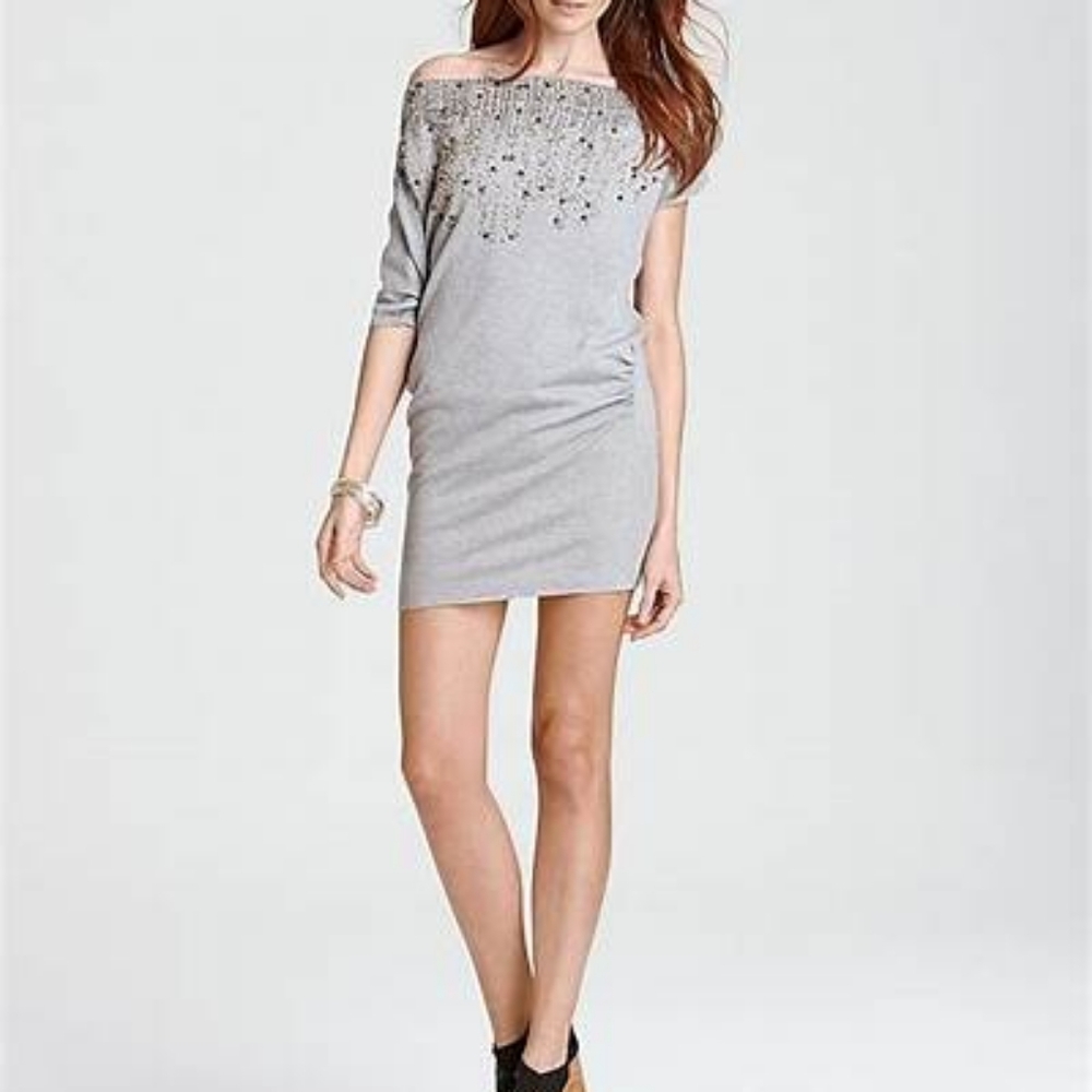 💠NANETTE LEPORE Beaded Off Shoulder Asymmetric Dress Silk Dolman Sleeve
